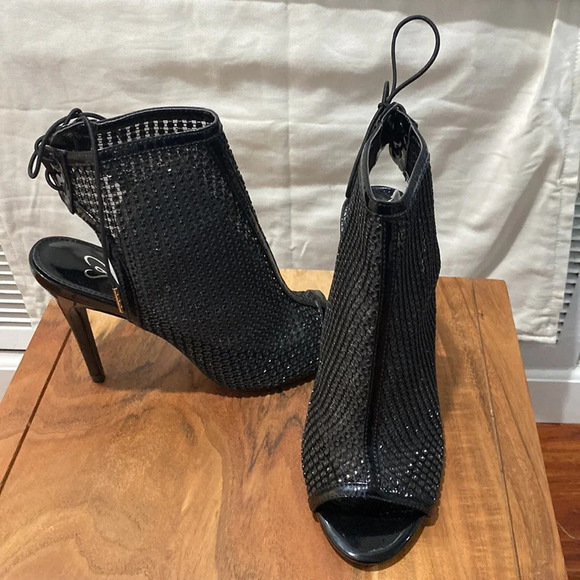 Sexy Black Peeptoe Rhinestone Mesh Strappy Lace Up High Heel Booties Size 7.5 - Picture 4 of 7